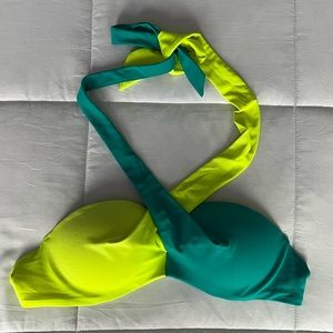 Pink Victoria's Secret - Strapless Push Up Swim Top, Teal & Fluorescent Yellow